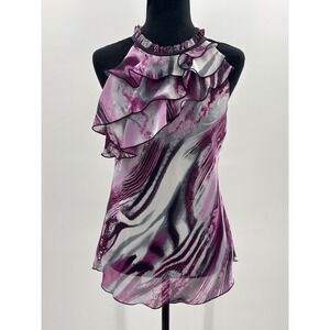BCX Womens Purple Abstract Ruffle Halter Neck Sleeveless Blouse Top Medium